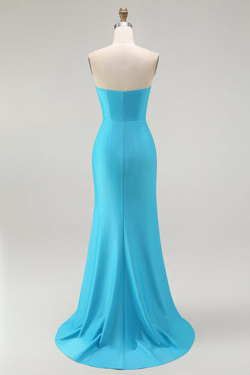 Sparkly Blue Strapless Mermaid Ruched Long Formal Dress with Slit